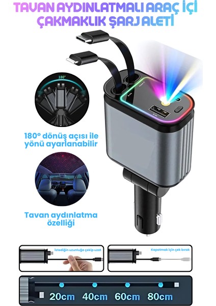 66W Acl LED Işık Tavan Aydınlatmalı 4ın1 Çift Kablolu Hızlı Şarj 3.4A Araç Içi Çakmaklık Şarj Aleti