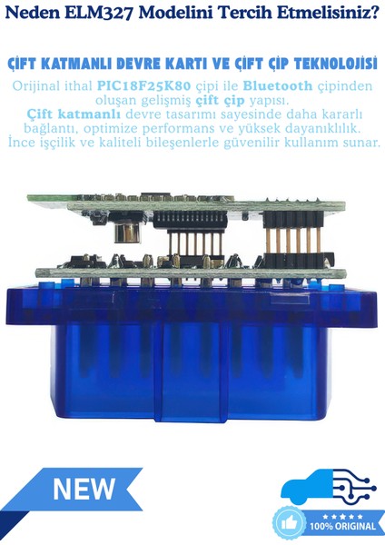ELM327 V1.5 Bluetooth Türkçe Araç Arıza Tespit Cihazı OBD2 - Orijinal PIC18F25K80 Çift Çipli, IOS / Android / Windows Uyumlu modelleri