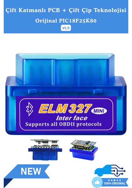 ELM327 V1.5 Bluetooth Türkçe Araç Arıza Tespit Cihazı OBD2 - Orijinal PIC18F25K80 Çift Çipli, IOS / Android / Windows Uyumlu