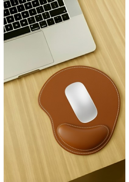 Bilek Destekli Mousepad - Dikişli Kaymaz Mouse Ped - Fare Pedi Kahverengi Mouse Pedi - Dikişli Oval Mouse Altlığı