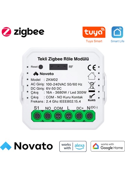 Zigbee Kuru Kontak (No-Nc ) AC - DC Akıllı Röle ( Tuya ,Smart Life, eWelink Uyumlu )
