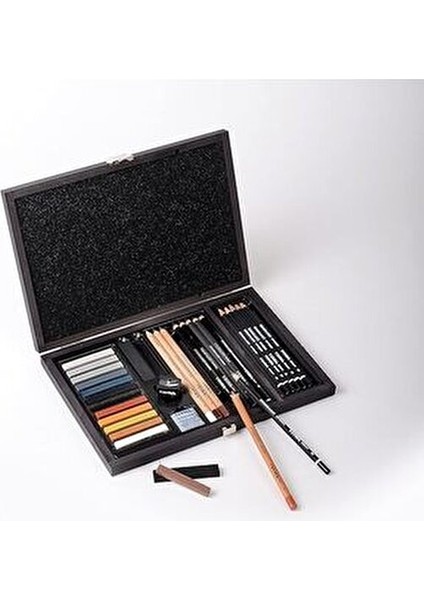 Drawing Çizim Seti Ahşap Kutuda 31 Parça Monokrom Kalemler ve Pastel Boyalar indirimleri
