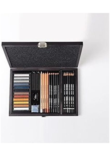 Drawing Çizim Seti Ahşap Kutuda 31 Parça Monokrom Kalemler ve Pastel Boyalar