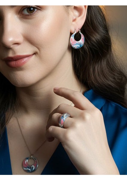 Kadın 925 Ayar Gümüş Yuvarlak Pembe Mavi Renkli Takı Seti