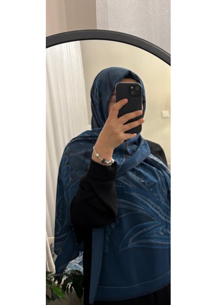 19V69 Italıa Krep Kumaş Yumuşak Dokulu Lacivert mavi Etnik Desen Şal fiyatları