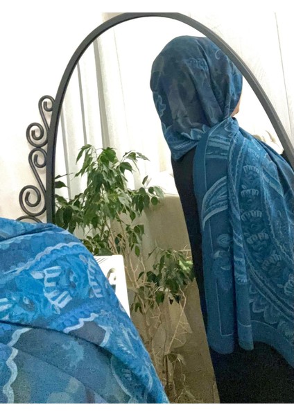 19V69 Italıa Krep Kumaş Yumuşak Dokulu Lacivert mavi Etnik Desen Şal indirimleri