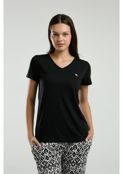 Kadın Siyah Renk Viskon Kumaş V Yaka Kısa Kollu Ikili Takım fırsatları