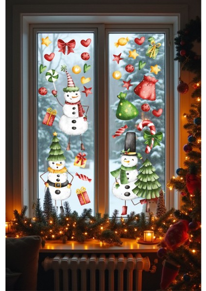 Dans Eden Kardan Adamlar Sticker Seti, Yılbaşı Sticker Seti, Yılbaşı Pencere ve Duvar Dekorasyon Sticker Seti