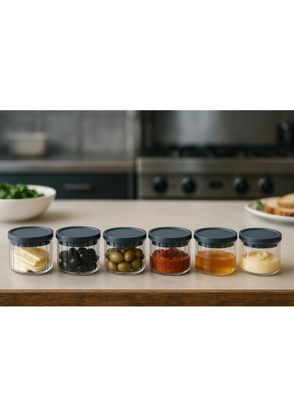 6'lı Borosilikat Cizgili Cam Kahvaltılık Seti - Sızdırmaz Silikonlu Plastik Kapak - 90 x 70 mm (X6)