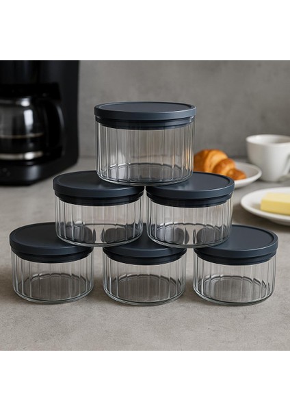6'lı Borosilikat Cizgili Cam Kahvaltılık Seti - Sızdırmaz Silikonlu Plastik Kapak - 90 x 70 mm (X6) fırsatları