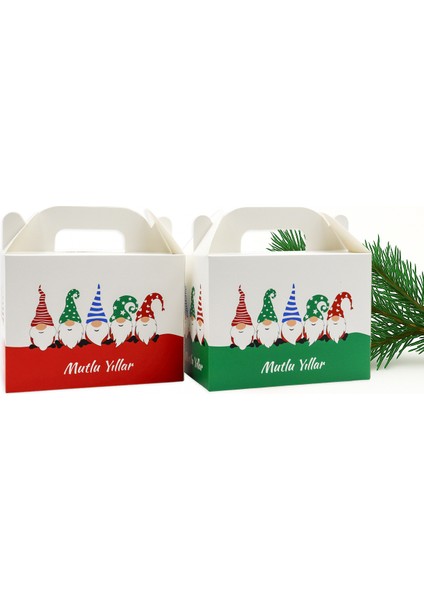 Yılbaşı Temalı 10X14 cm Karton Hediye Kutusu 2 Adet - Mutlu Yıllar ve Happy New Year Kırmızı-Yeşil