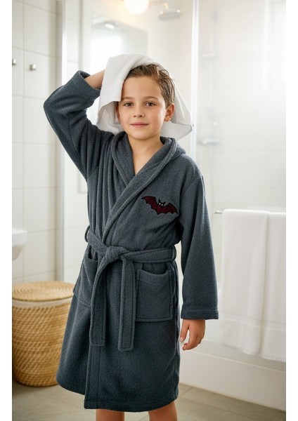 Kapşonlu Yumuşacık Bambu Unisex Kız-Erkek Çocuk Havlu Bornozu 8-10 Yaş Antrasit /YARASA