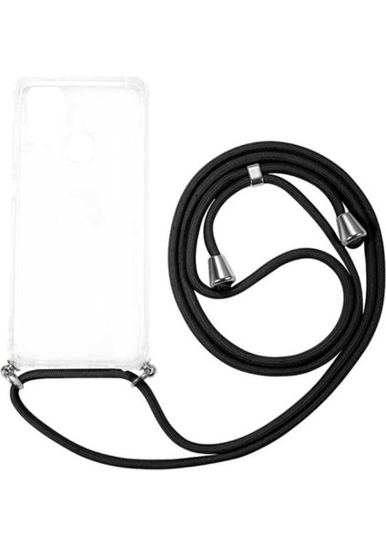 Samsung Galaxy A21S Kılıf Boyun - Omuz Askılı Köşe Korumalı Siyah iPli Kordonlu Anti Şok Şeffaf Silikon