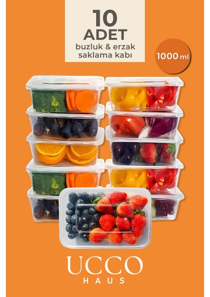 10 Adet 1000 ml Mikrodalga, Buzdolabı ve Dondurucu Sızdırmaz Saklama Kabı Seti 10'lu Set Organizer