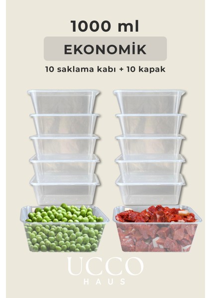 10 Adet 1000 ml Mikrodalga, Buzdolabı ve Dondurucu Sızdırmaz Saklama Kabı Seti 10'lu Set Organizer
