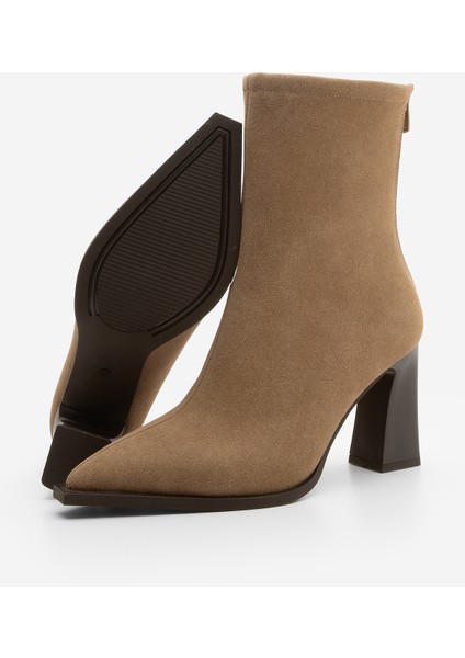 Kadın Topuklu Bot Sivri Burun Arkadan Fermuarlı Kalın Ökçe Kikas Taba Süet indirimleri