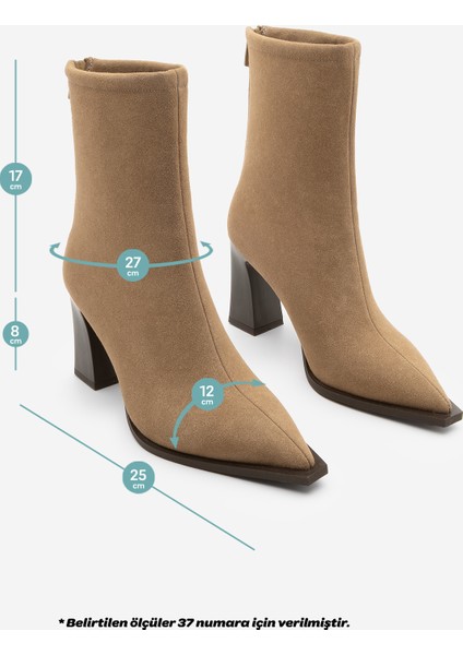Kadın Topuklu Bot Sivri Burun Arkadan Fermuarlı Kalın Ökçe Kikas Taba Süet