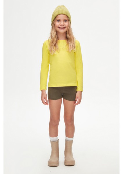 Sarı Basic Mevsimlik Likralı Uzun Kollu Kız Çocuk Tişört