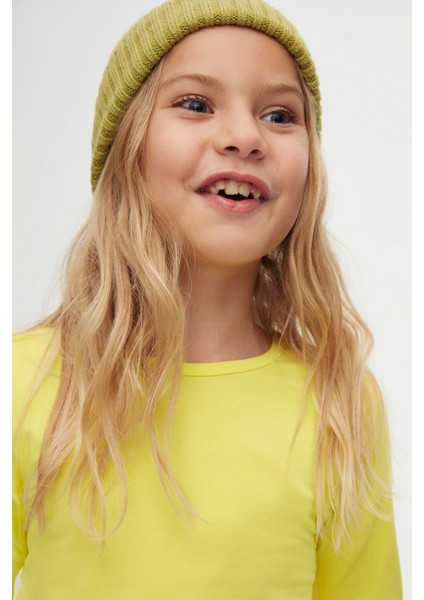 Sarı Basic Mevsimlik Likralı Uzun Kollu Kız Çocuk Tişört modelleri