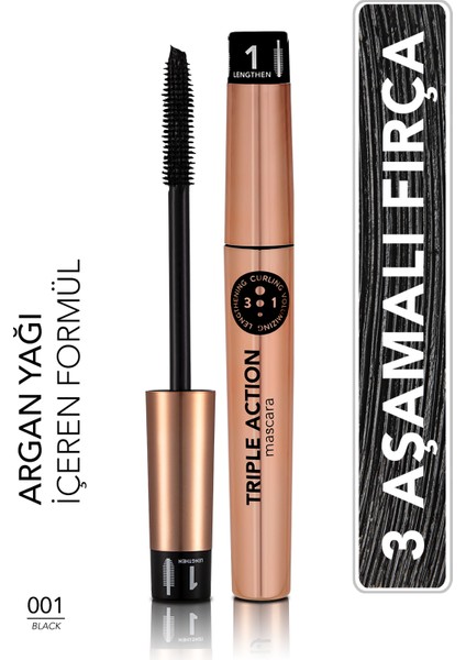Triple Action Uzun-Kıvrık-Hacimli Görünüm Veren Ayarlanabilir Maskara (001) 8690604275588
