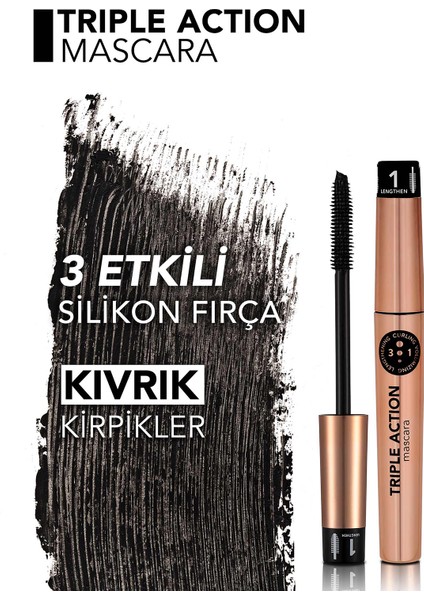 Triple Action Uzun-Kıvrık-Hacimli Görünüm Veren Ayarlanabilir Maskara (001) 8690604275588 fırsatları