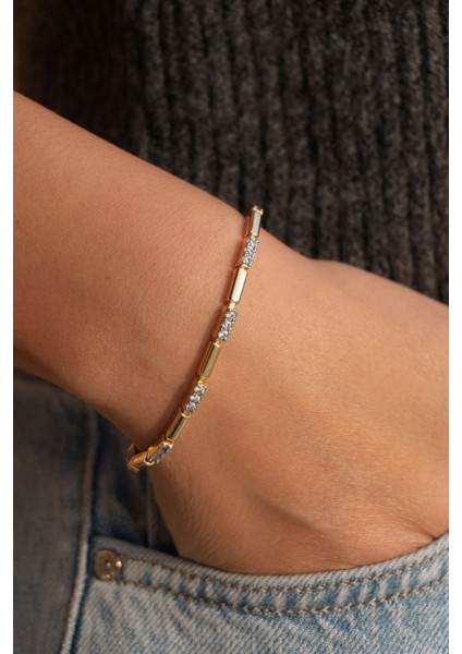 Zirkon Taşlı Gold Çelik Bileklik