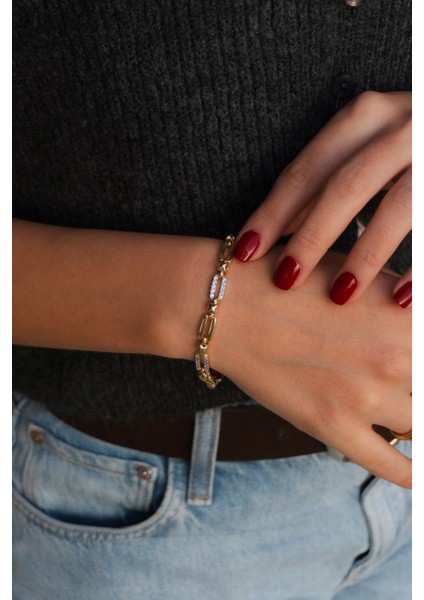 Zirkon Taşlı Gold Çelik Bileklik