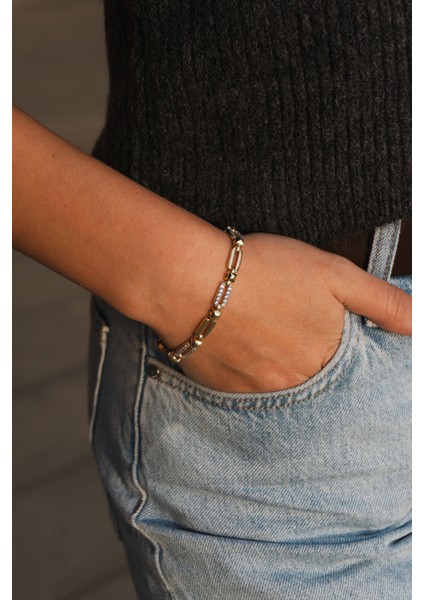 Zirkon Taşlı Gold Çelik Bileklik fırsatları