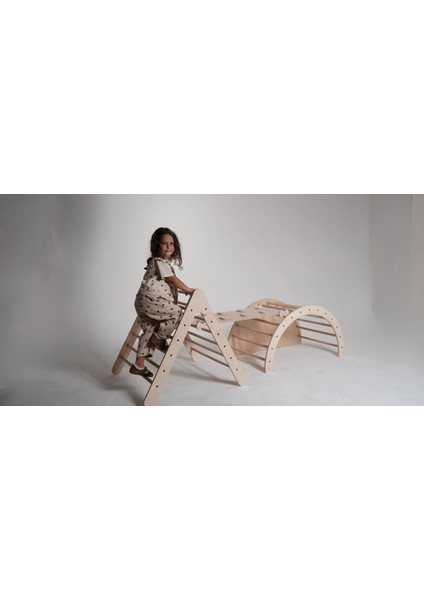 Pikler Seti Büyük -Tırmanma Üçgeni - Doğal Ahşap +2Yaş Çocuklara uygun -Çift taraflı rampa