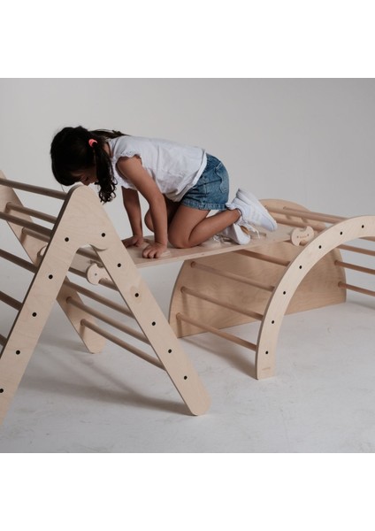 Pikler Seti Büyük -Tırmanma Üçgeni - Doğal Ahşap +2Yaş Çocuklara uygun -Çift taraflı rampa modelleri