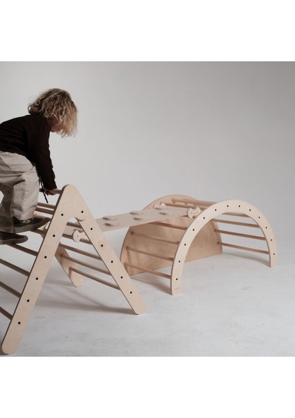 Pikler Seti Büyük -Tırmanma Üçgeni - Doğal Ahşap +2Yaş Çocuklara uygun -Çift taraflı rampa fırsatları