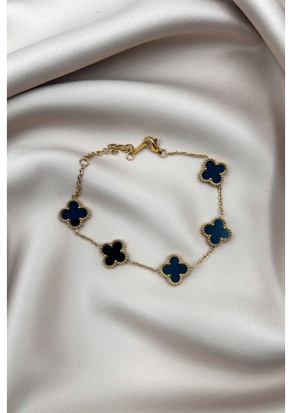 Fıora Yonca Bileklik Gold Siyah | 316L Çelik - Kararmaz | Hediye Kadın