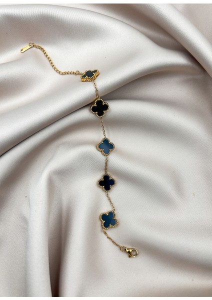 Fıora Yonca Bileklik Gold Siyah | 316L Çelik - Kararmaz | Hediye Kadın modelleri