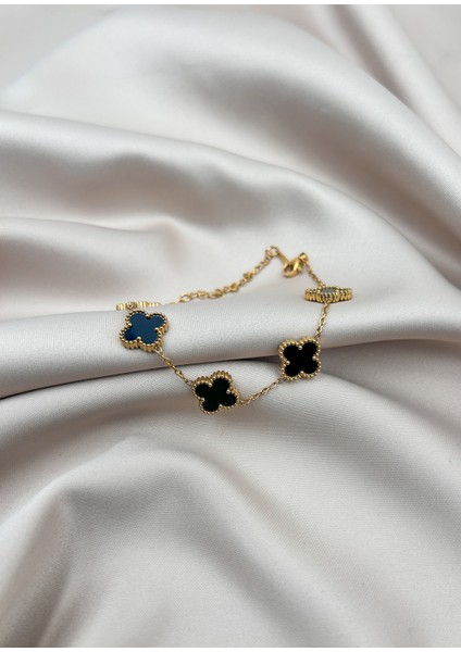 Fıora Yonca Bileklik Gold Siyah | 316L Çelik - Kararmaz | Hediye Kadın fırsatları