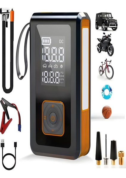 Dijital Ekranlı 8000mAh Araba Akü Takviye'li Kompresör Araç Lastik Şişirme Hava Pompası - Çantalı