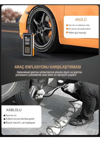 Dijital Ekranlı 8000mAh Araba Akü Takviye'li Kompresör Araç Lastik Şişirme Hava Pompası - Çantalı modelleri