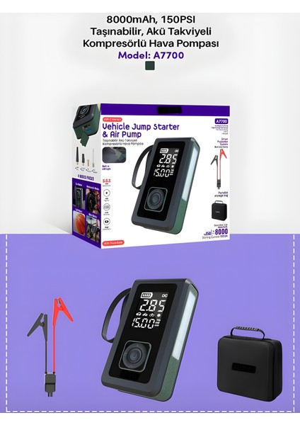 Dijital Ekranlı 8000mAh Araba Akü Takviye'li Kompresör Araç Lastik Şişirme Hava Pompası - Çantalı indirimleri