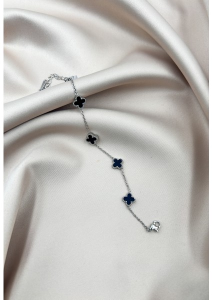 Fıora Yonca Bileklik Gümüş Siyah | 316L Çelik - Kararmaz | Hediyelik Kadın