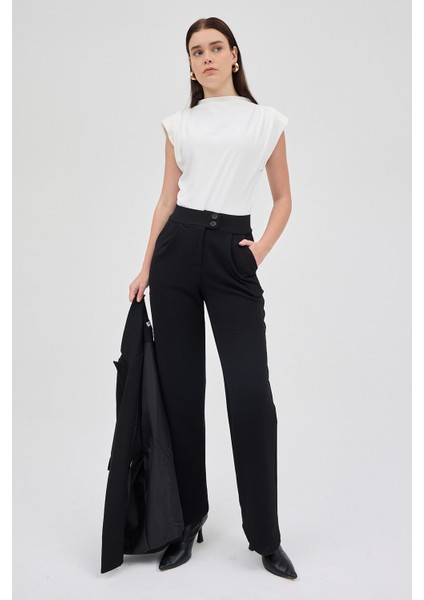 Siyah Çift Düğmeli Kadın Pantolon 5010