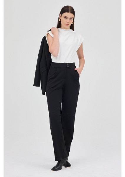 Siyah Çift Düğmeli Kadın Pantolon 5010