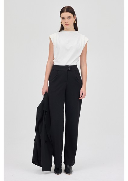 Siyah Tek Düğmeli Pensli Kadın Pantolon 5011
