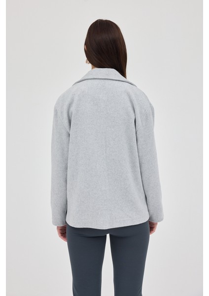 Gri Kruvaze Yaka Çift Düğmeli Kaşe Kadın Ceket 8069A