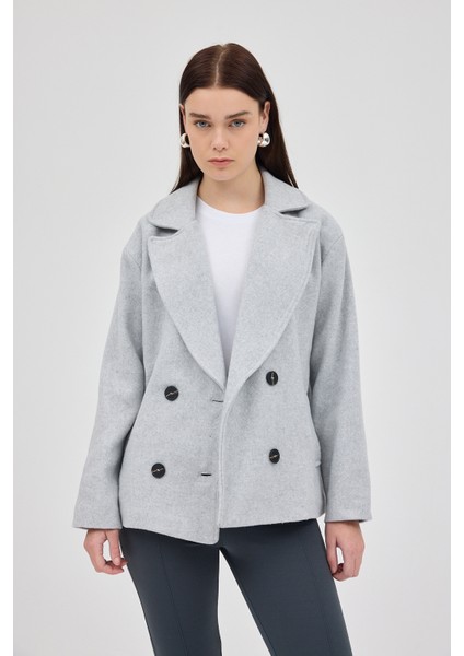 Gri Kruvaze Yaka Çift Düğmeli Kaşe Kadın Ceket 8069A
