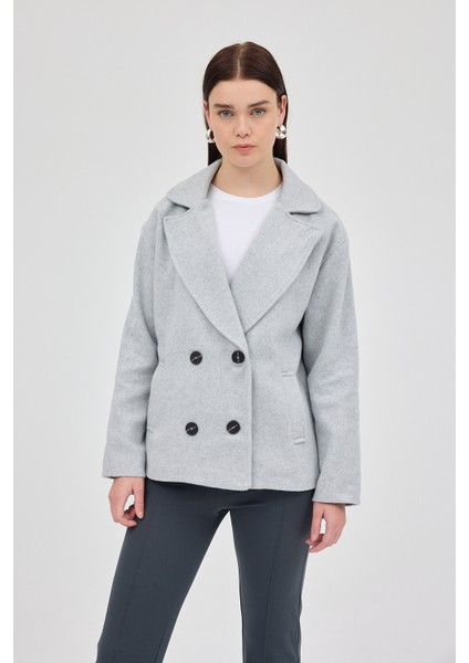 Gri Kruvaze Yaka Çift Düğmeli Kaşe Kadın Ceket 8069A
