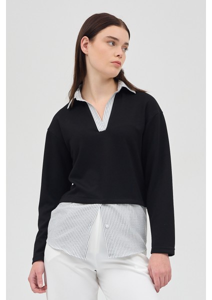 Siyah Gömlek Yaka Detaylı Triko Bluz 8241A