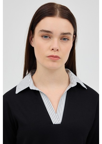 Siyah Gömlek Yaka Detaylı Triko Bluz 8241A