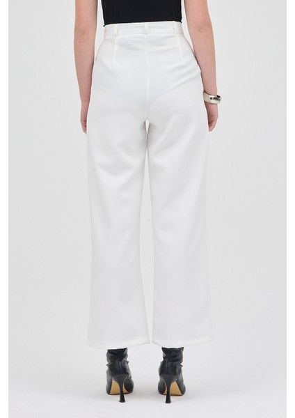 Beyaz Pile Detaylı Yüksek Bel Palazzo Kadın Pantolon 4003A