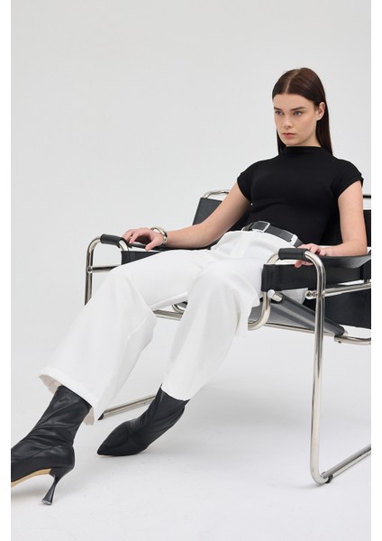 Beyaz Pile Detaylı Yüksek Bel Palazzo Kadın Pantolon 4003A