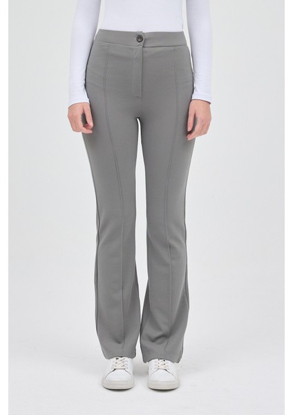 Gri Straight/Düz Kesim Yüksek Bel Nervür Dikişli Örme Pantolon TCR-6873A