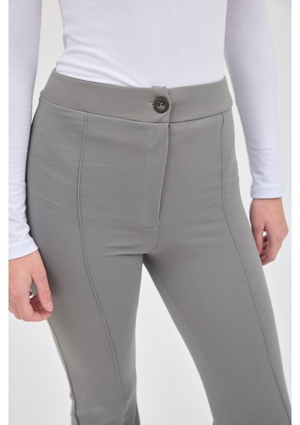 Gri Straight/Düz Kesim Yüksek Bel Nervür Dikişli Örme Pantolon TCR-6873A